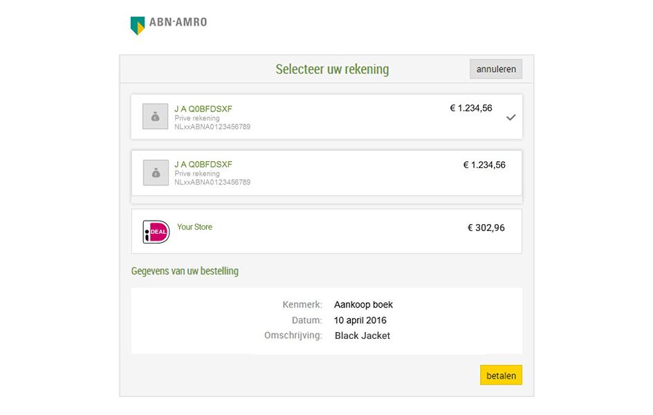 ABN AMRO online banking interface with iDEAL payment option for a black jacket purchase.