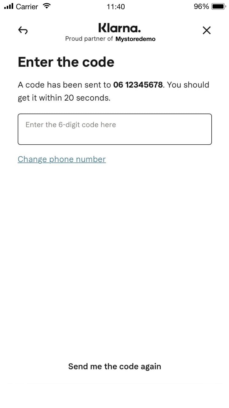 Schermo di verifica mobile con campo per inserire un codice a 6 cifre ricevuto tramite SMS