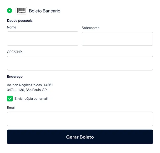 Boleto Bancario payment form interface with fields for personal data and address