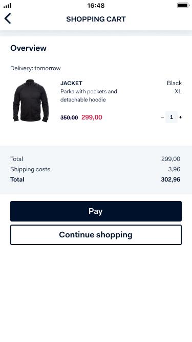 Schermata di un'interfaccia del carrello degli acquisti per dispositivi mobili con un articolo pronto per il checkout