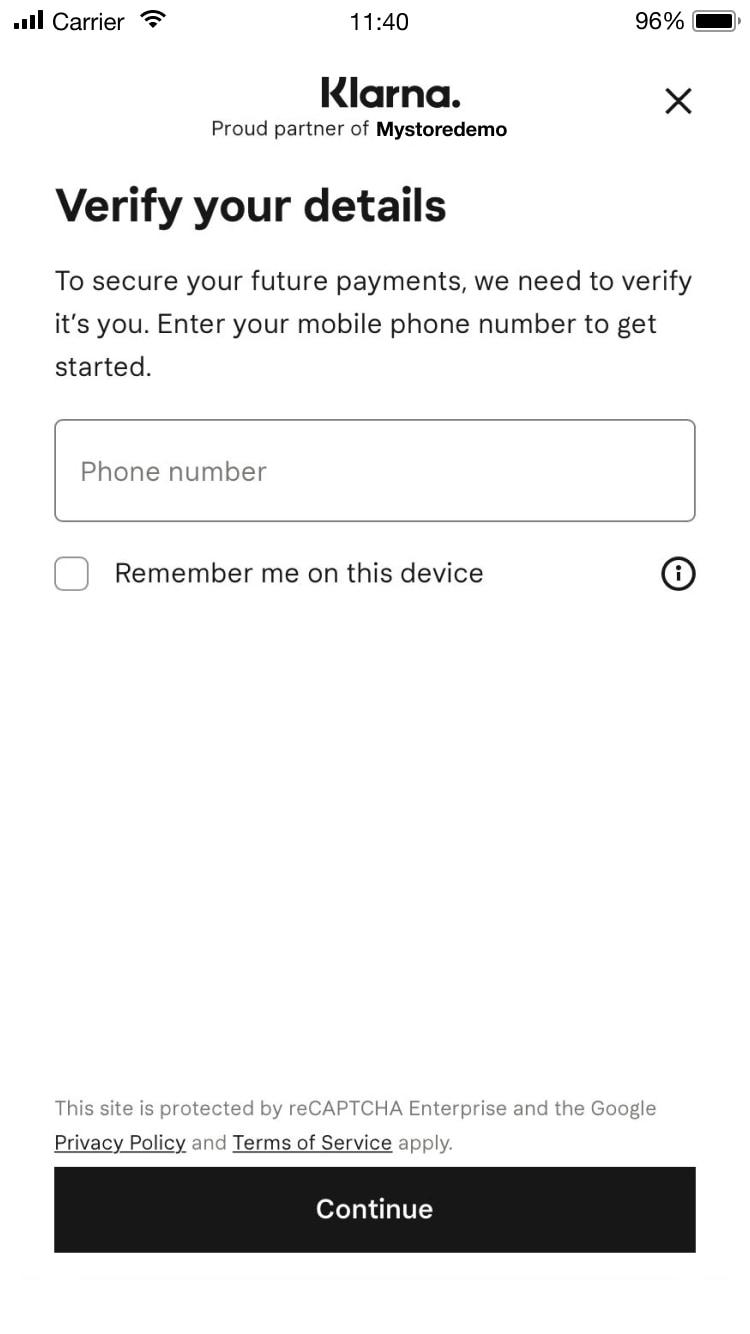 Schermo di verifica mobile Klarna con campo di input del numero di telefono e pulsante continua