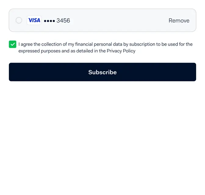 Subscription interface showing a Visa card option ending in 3456 with a consent checkbox and subscribe button