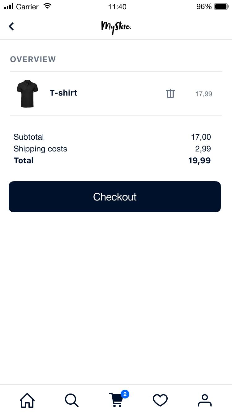 Schermo mobile che mostra una pagina di checkout con un elenco dettagliato che include una maglietta, un totale parziale, i costi di spedizione e un pulsante di checkout