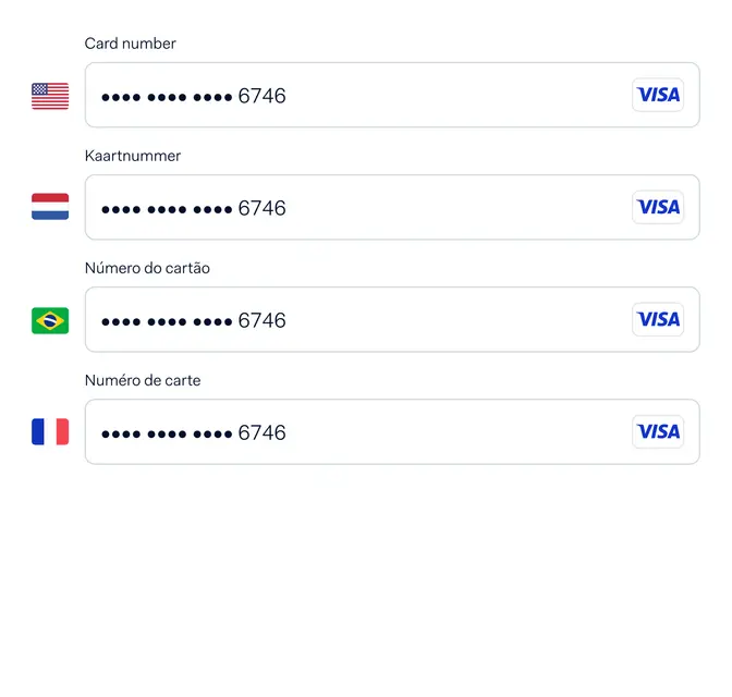 Adyen payment form UI displaying partial credit card numbers in various languages with Visa logos