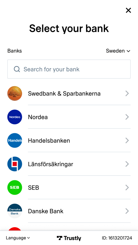 Mobilbankgränssnitt som visar ett urval av svenska banker för betalningsbearbetning