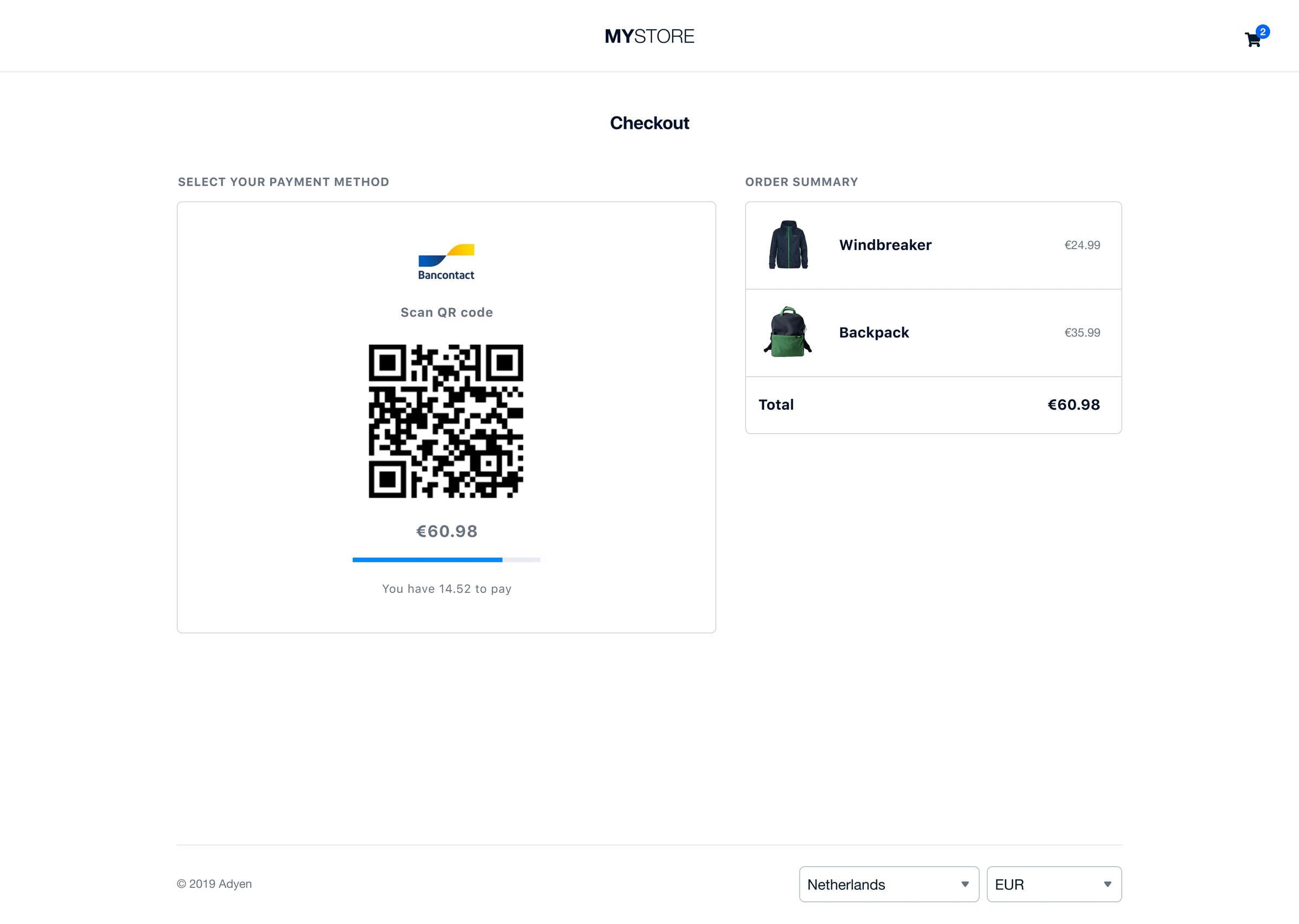 Schermo di pagamento con selezione del metodo di pagamento e codice QR per il pagamento tramite Bancontact via Adyen