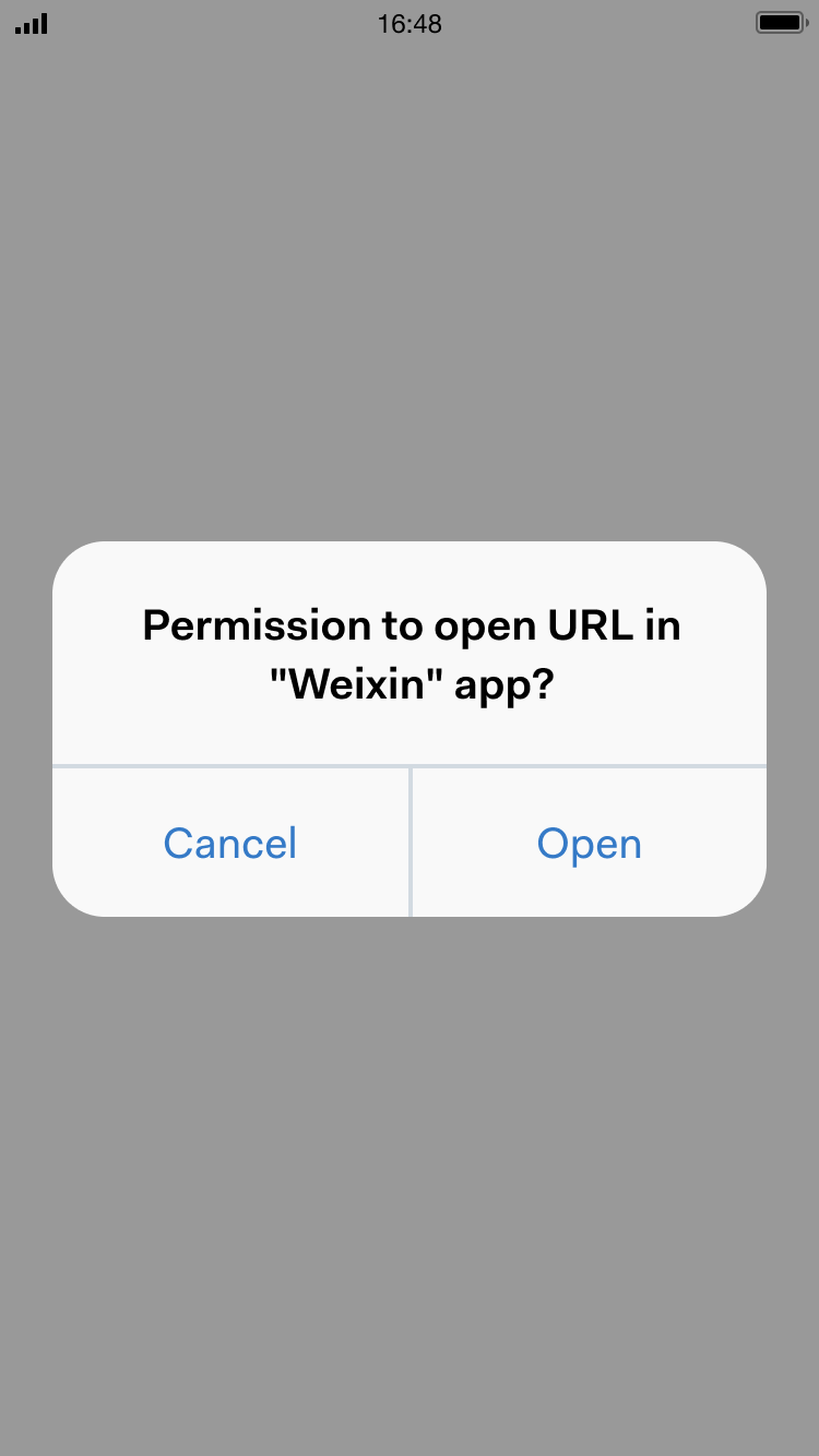 Richiesta di autorizzazione per aprire l'URL nell'app 'Weixin' con opzioni 'Annulla' e 'Apri'.