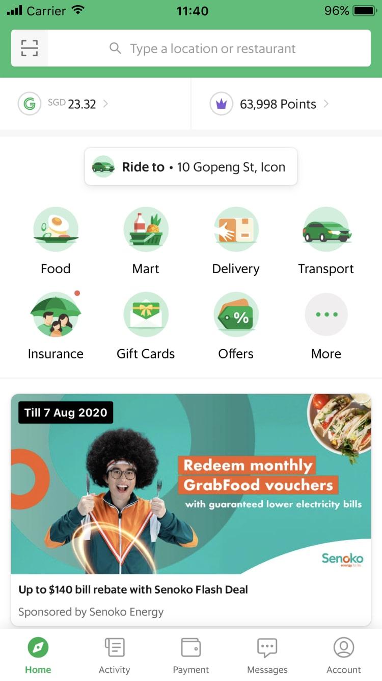 Interfaccia dell'app mobile che mostra servizi come cibo, mart, consegna, trasporto, assicurazione, carte regalo e offerte con banner promozionali.