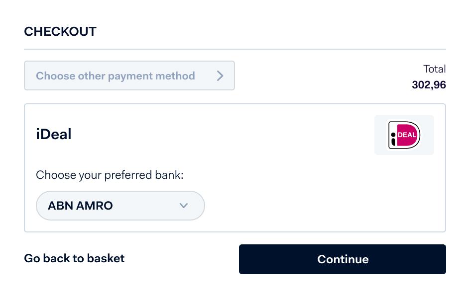 Checkout screen with iDeal payment option and bank selection dropdown menu.
