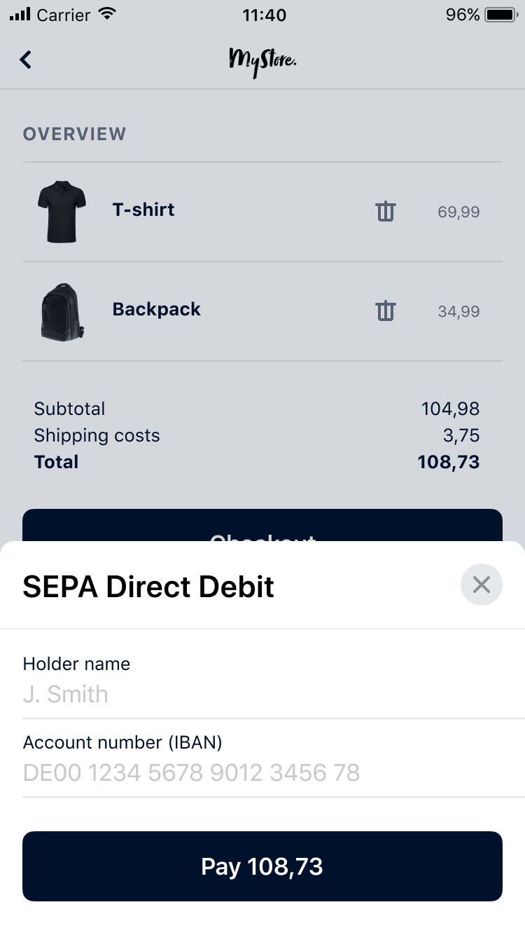 Mobile Bildschirm mit Einkaufswagen mit T-Shirt und Rucksack und Adyen SEPA-Lastschrift-Zahlungsoption