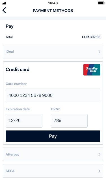 Ecrã de métodos de pagamento móvel com opções para iDeal, cartão de crédito, Afterpay e SEPA