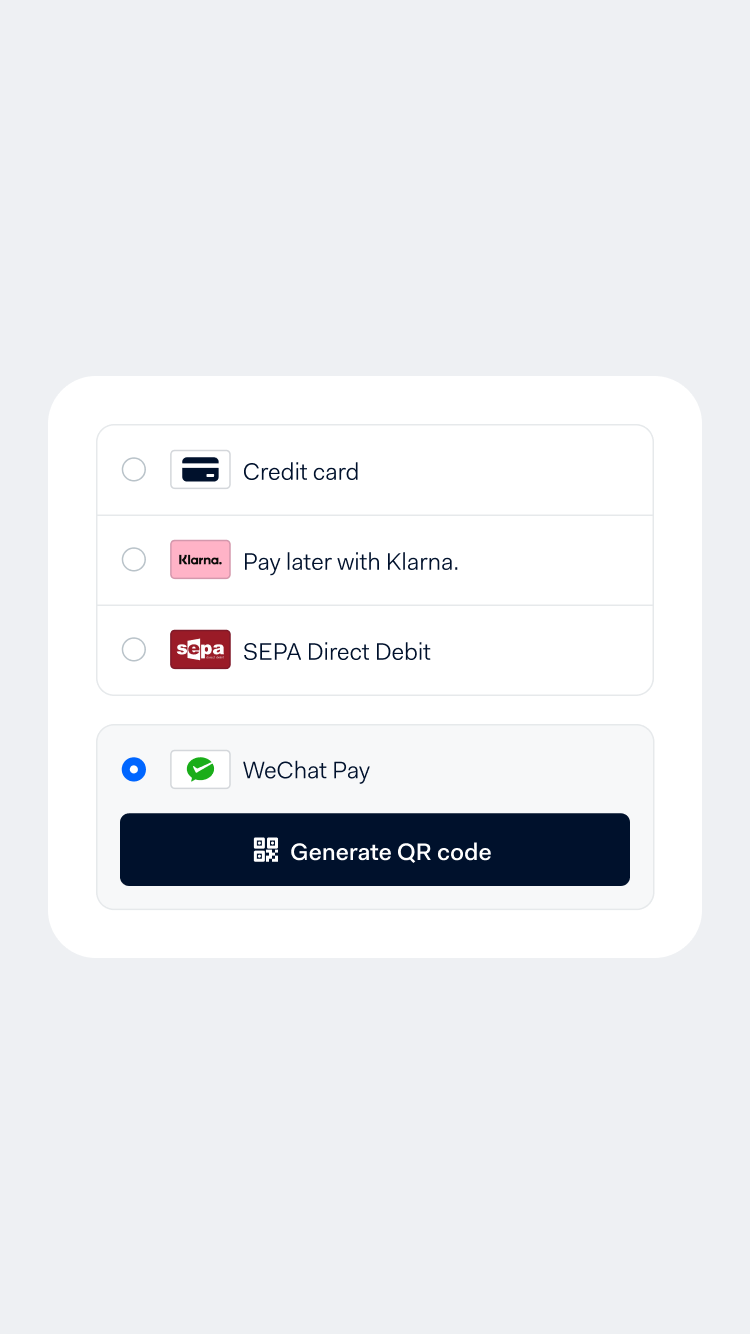 Schermo di selezione per metodi di pagamento, incluso carta di credito, Klarna, SEPA Direct Debit e WeChat Pay con generazione di codice QR