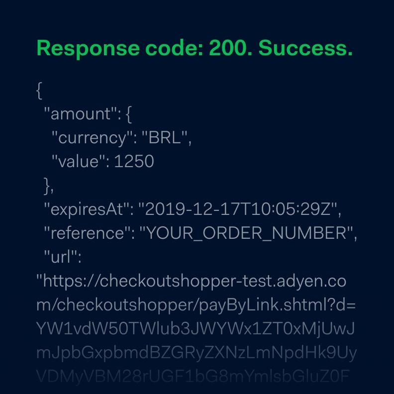 Schermopname van een mockup-API-antwoord dat een geslaagde Adyen-betalingsproces weergeeft