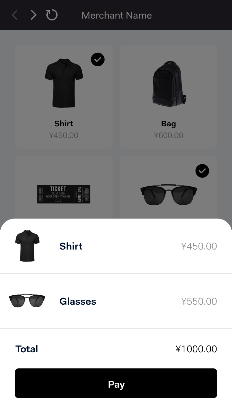 Schermo mobile che mostra l'interfaccia di pagamento Adyen con articoli selezionati: una camicia, un borsa e occhiali, e un totale di pagamento di ¥1000.00.