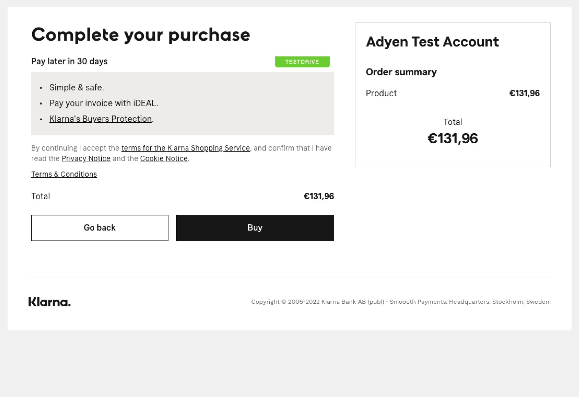 Schermo di pagamento con opzione di pagamento Klarna e riepilogo ordine di Adyen Test Account con un totale di €131,96