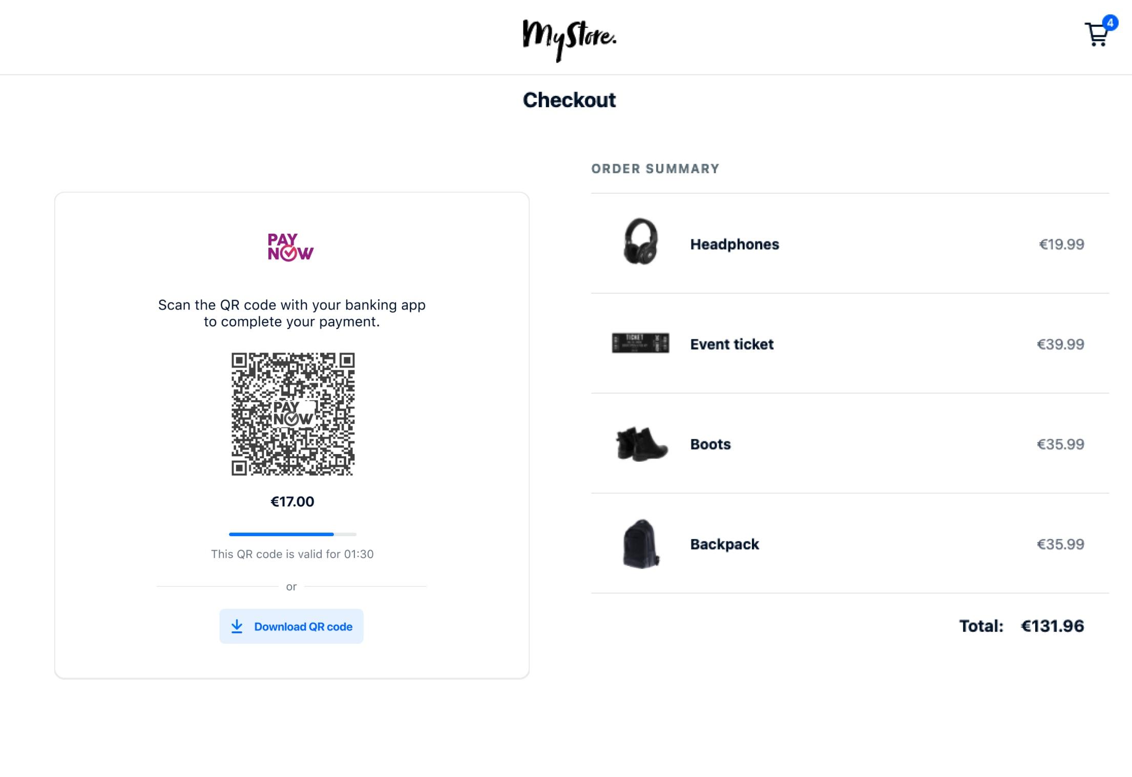 Schermo di pagamento con codice QR per il pagamento con articoli elencati tra cui cuffie, biglietto per l'evento, stivali e zaino per un totale di €131,96