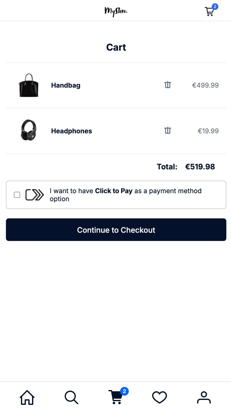 Ecrã móvel a exibir uma página de checkout com auscultadores no carrinho por €19,99