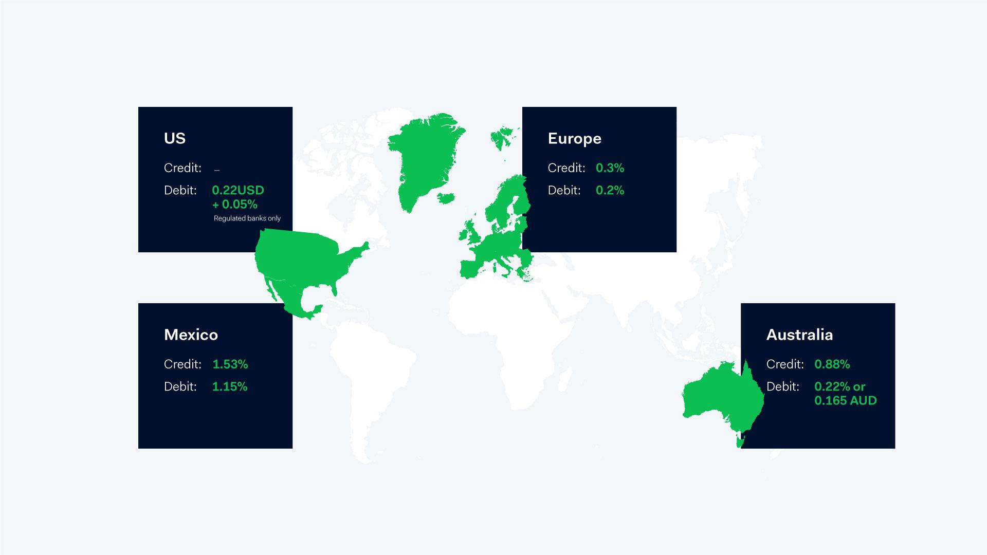 Mappa che mostra i massimali delle commissioni di interscambio in tutto il mondo