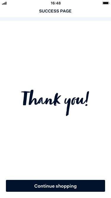Success page screen with 'Thank you!' message and 'Continue shopping' button.