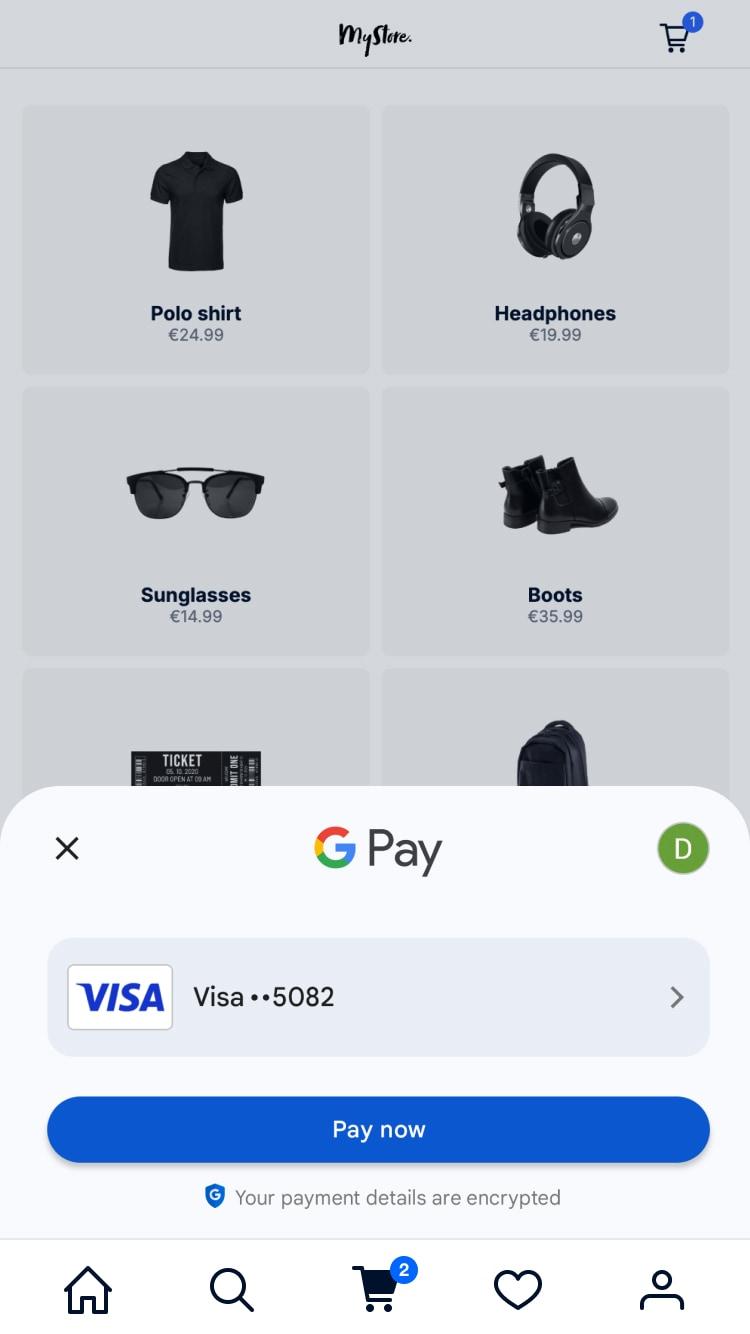 Interface do utilizador do Google Pay com informações de pagamento do utilizador exibidas para uma transação no valor de €19,99