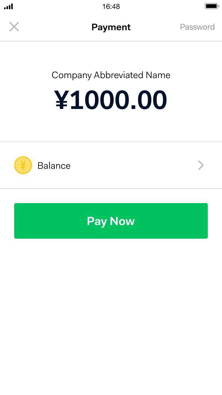 Schermo di pagamento mobile che mostra un saldo di 1000,00 yen con un pulsante 'Paga ora'