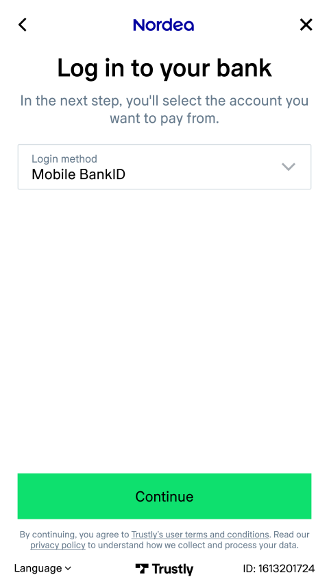 Nordea bank inloggningsskärm med möjlighet att välja Mobile BankID som inloggningsmetod