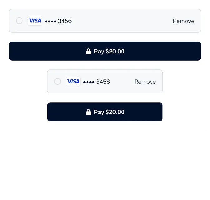Adyen UI showing Visa payment option with a 'Pay $20.00' button