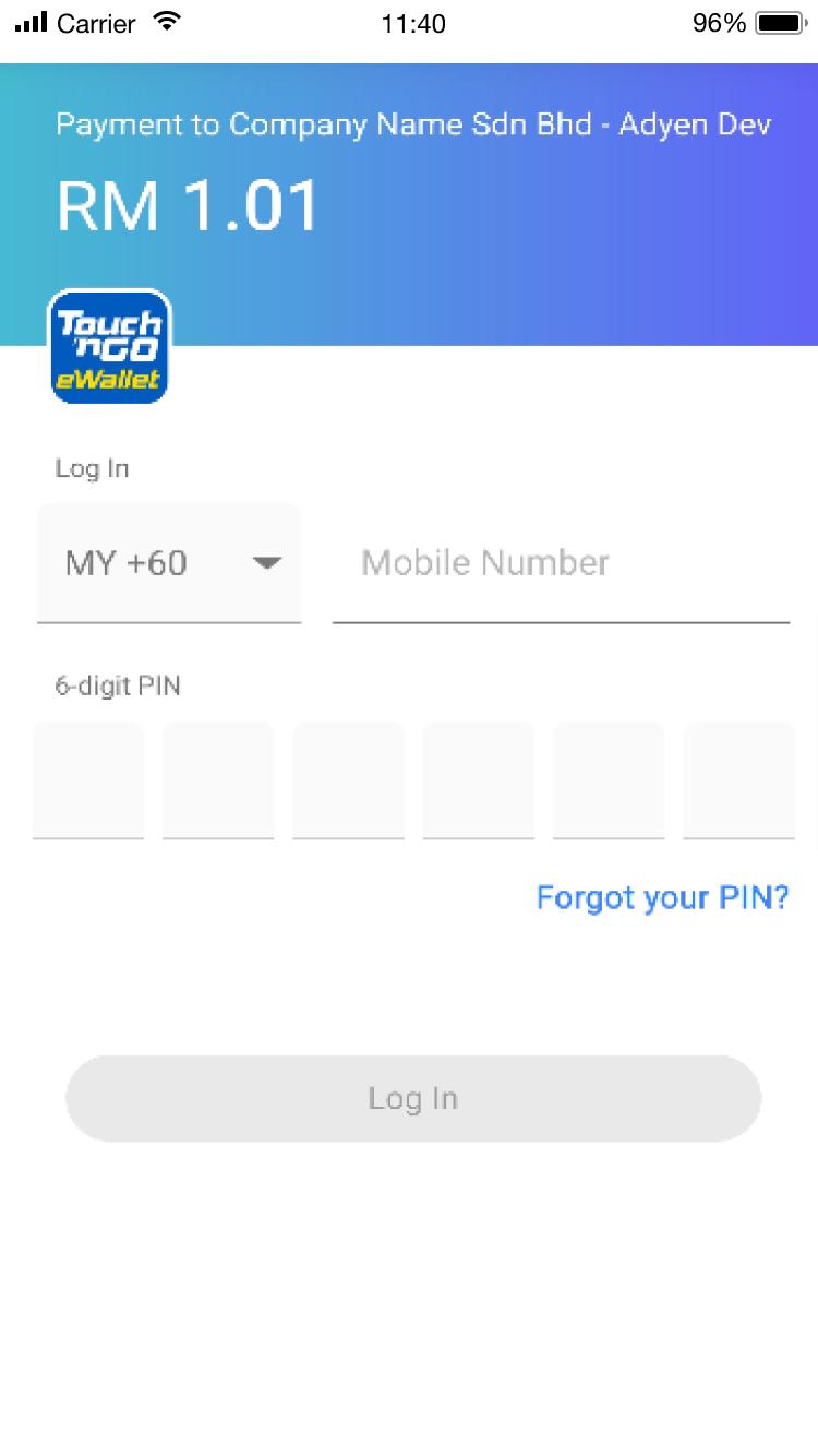 Schermo di pagamento mobile che visualizza il pagamento a un'azienda con campi per l'immissione del numero di cellulare e del PIN