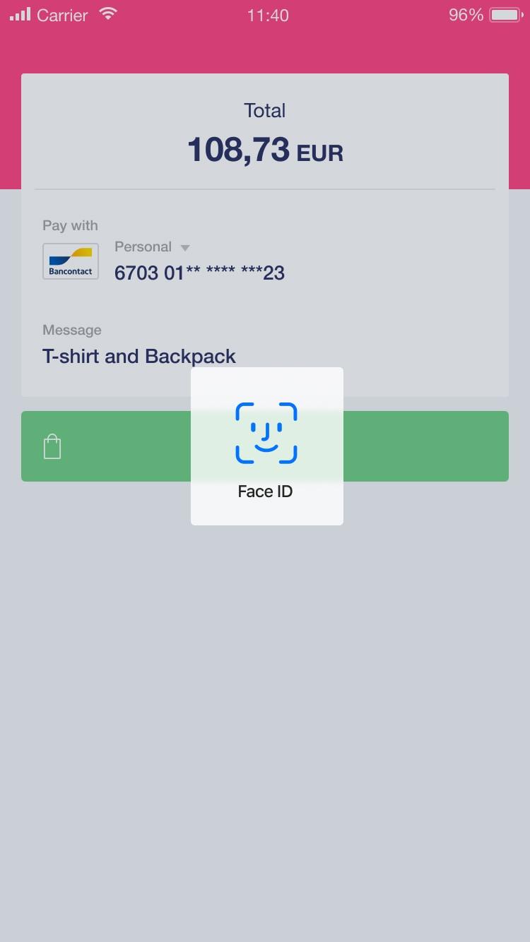 Schermo di pagamento mobile che mostra l'importo totale dovuto, i dettagli della carta e la richiesta di verifica Face ID