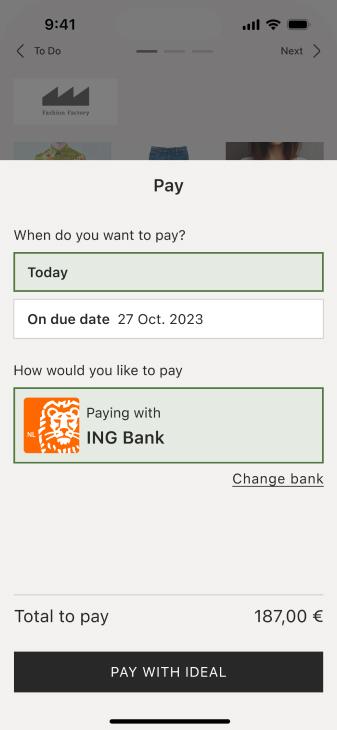 Schermo dello smartphone che mostra le opzioni di pagamento con ING Bank selezionato come metodo di pagamento