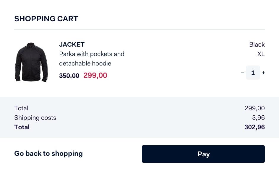 Online shopping cart interface showing a black parka jacket with price and a Pay button.