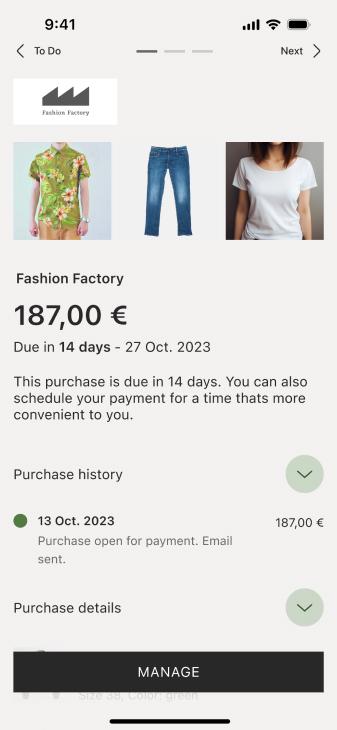 Screenshot dell'interfaccia di pianificazione dei pagamenti di Adyen con un pagamento pendente per Fashion Factory
