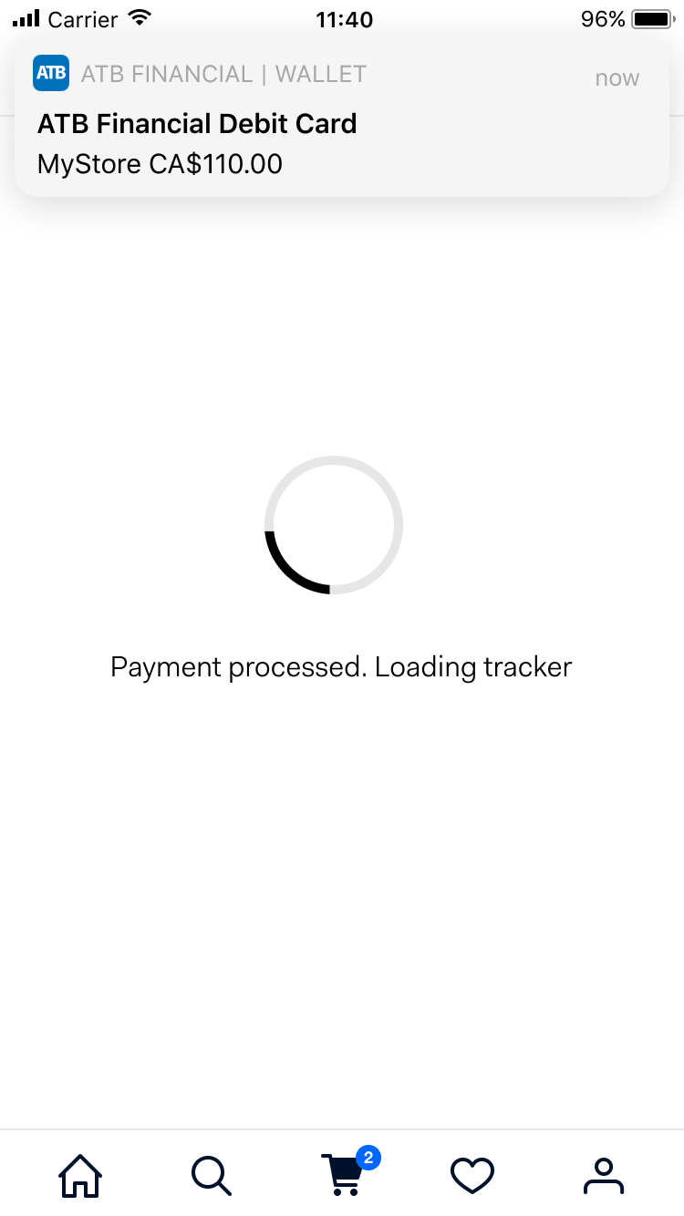 Skärm på smartphone som visar en betalningsbehandling för ATB Financial Debit Card med en laddningsspårare.
