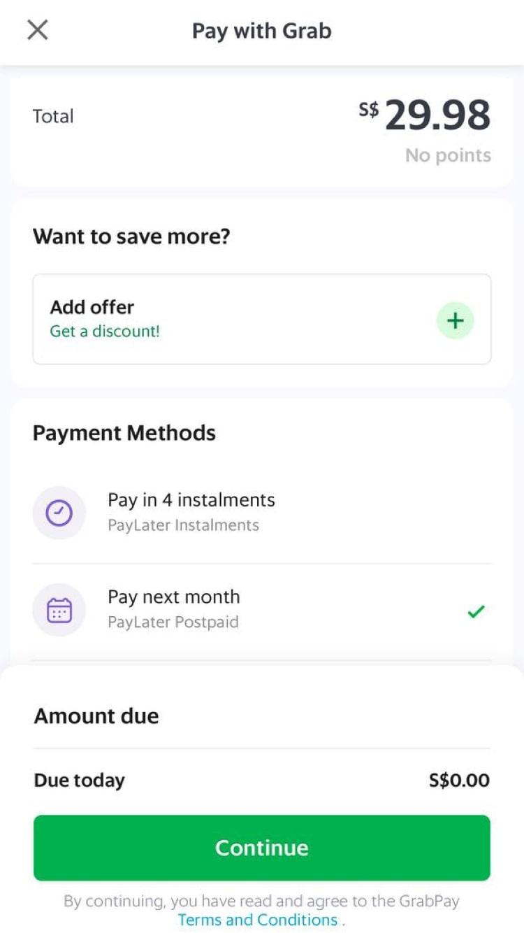 Schermo di pagamento con opzioni di pagamento tra cui PayLater a rate e Postpaid su un'app mobile