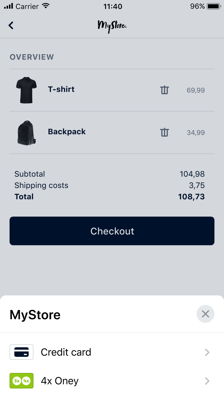 Mobil varukorg med T-shirt och ryggsäck listade och kassalternativ som visar Adyen-betalningsmetoder