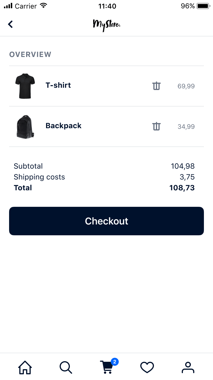 Schermo mobile che mostra un carrello della spesa con una maglietta, uno zaino e il costo totale con un pulsante di checkout