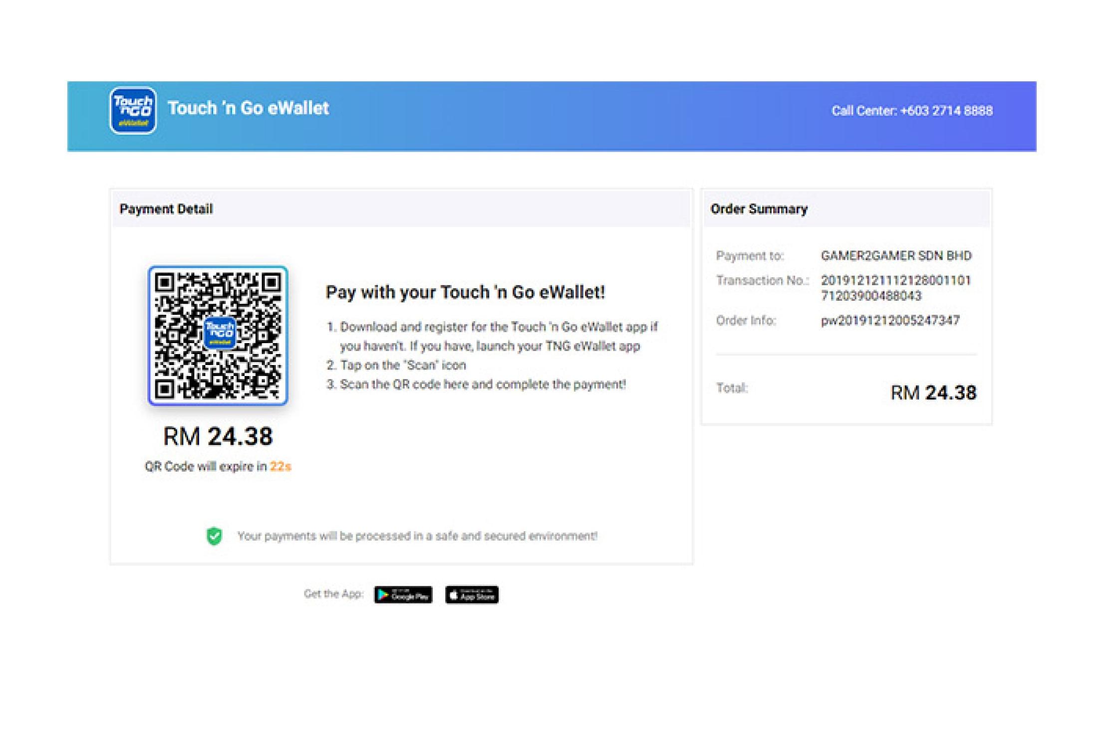 Schermo di pagamento Touch 'n Go eWallet con codice QR, istruzioni di pagamento e riepilogo ordine