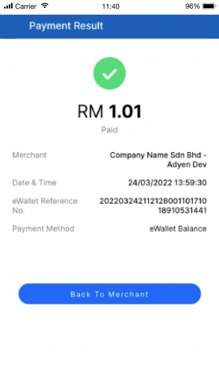 Schermo di pagamento eWallet di successo che mostra il pagamento di RM 1.01