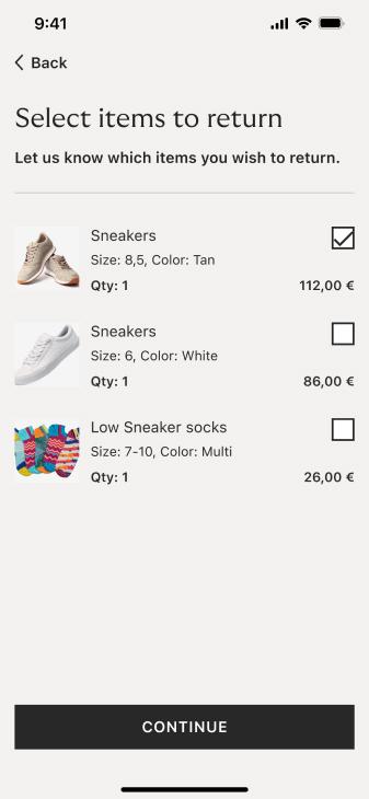 Schermo mobile che mostra un processo di reso per scarpe e calze con taglie, colori, quantità e prezzi