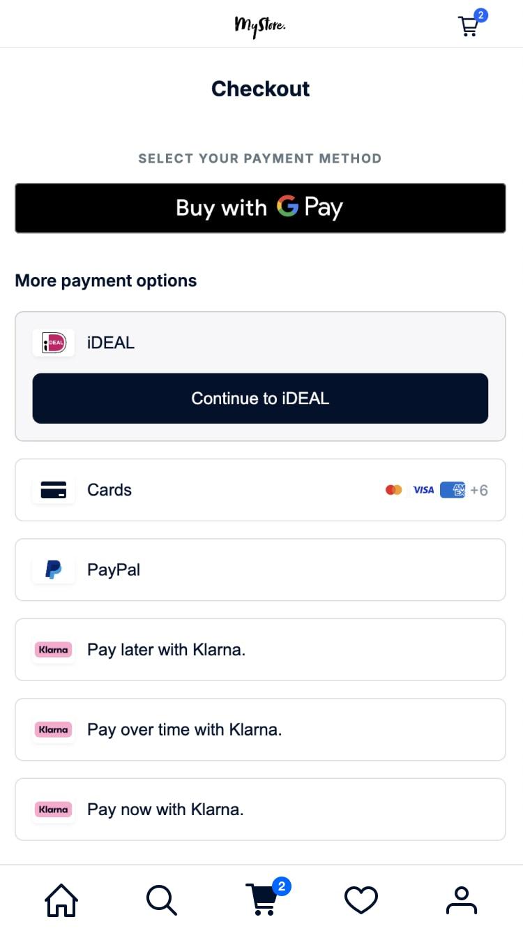 Ecrã móvel a mostrar opções de pagamento, incluindo SEPA Débito Direto, Paysafecard, Apple Pay, Alipay e outros