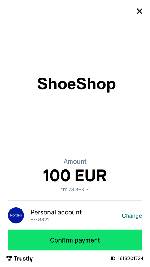 Betalningsskärm för ShoeShop med betalningsbelopp, metod och bekräfta betalningsknapp