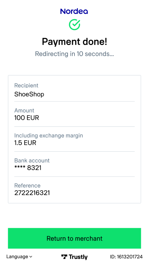 Lyckad betalningsbekräftelse med detaljer för ett köp på ShoeShop för 100 EUR med Trustly