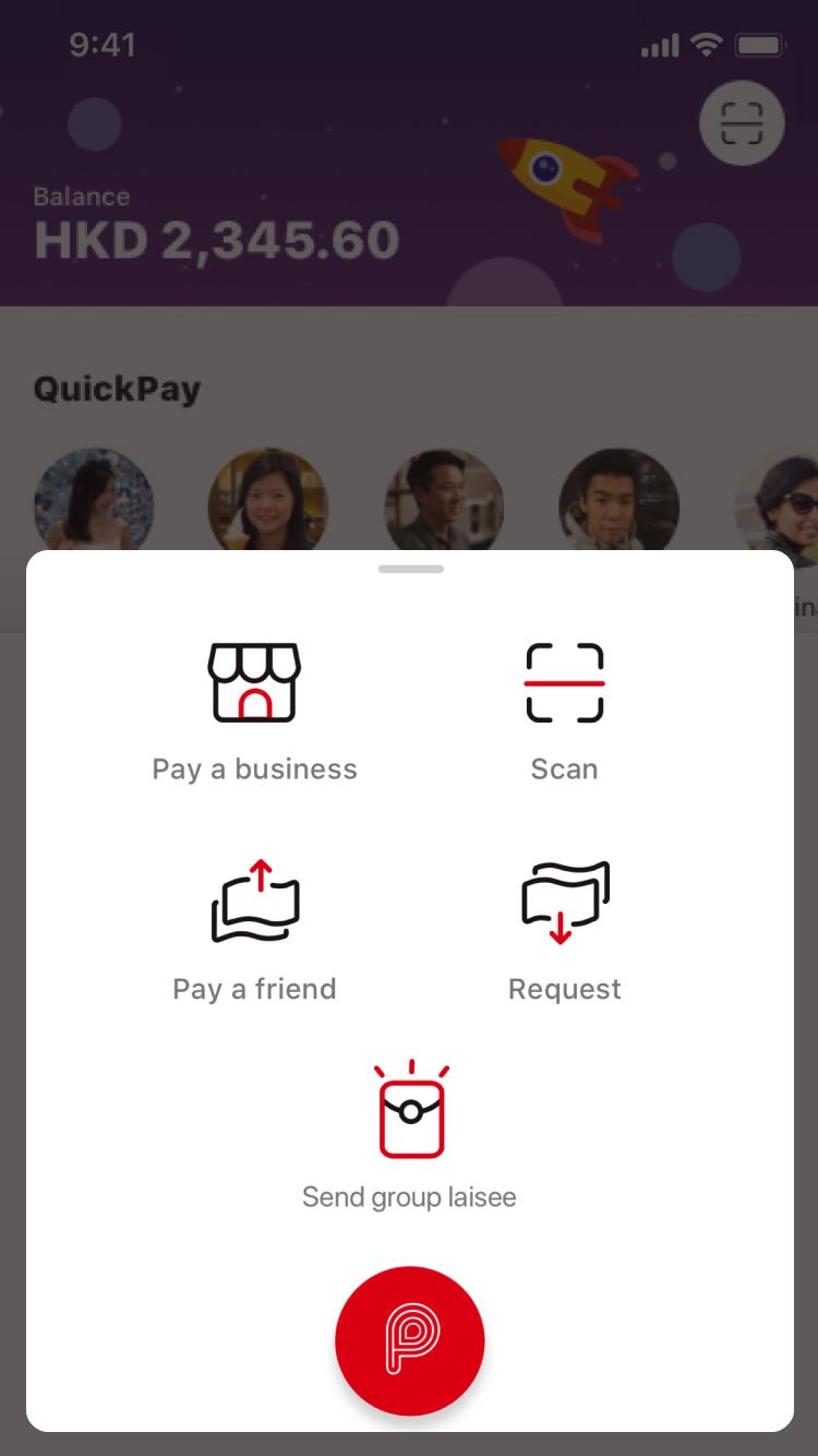 Mobile payment app interface showcasing features like Pay a business, Scan, Pay a friend, Request, and Send group laisee.