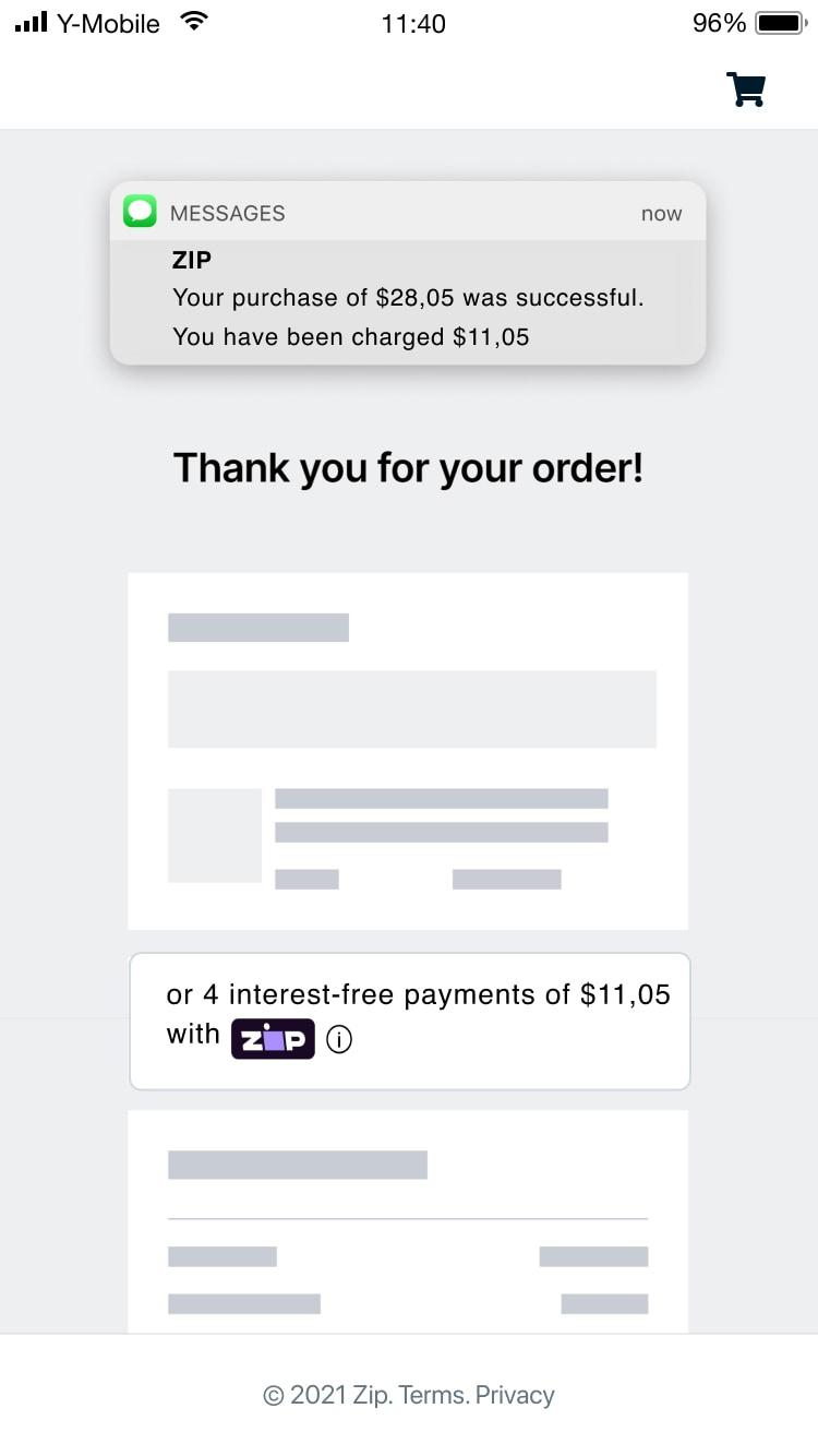 Ecrã do telemóvel a mostrar uma notificação de pagamento bem-sucedido de $28,05 e confirmação de encomenda