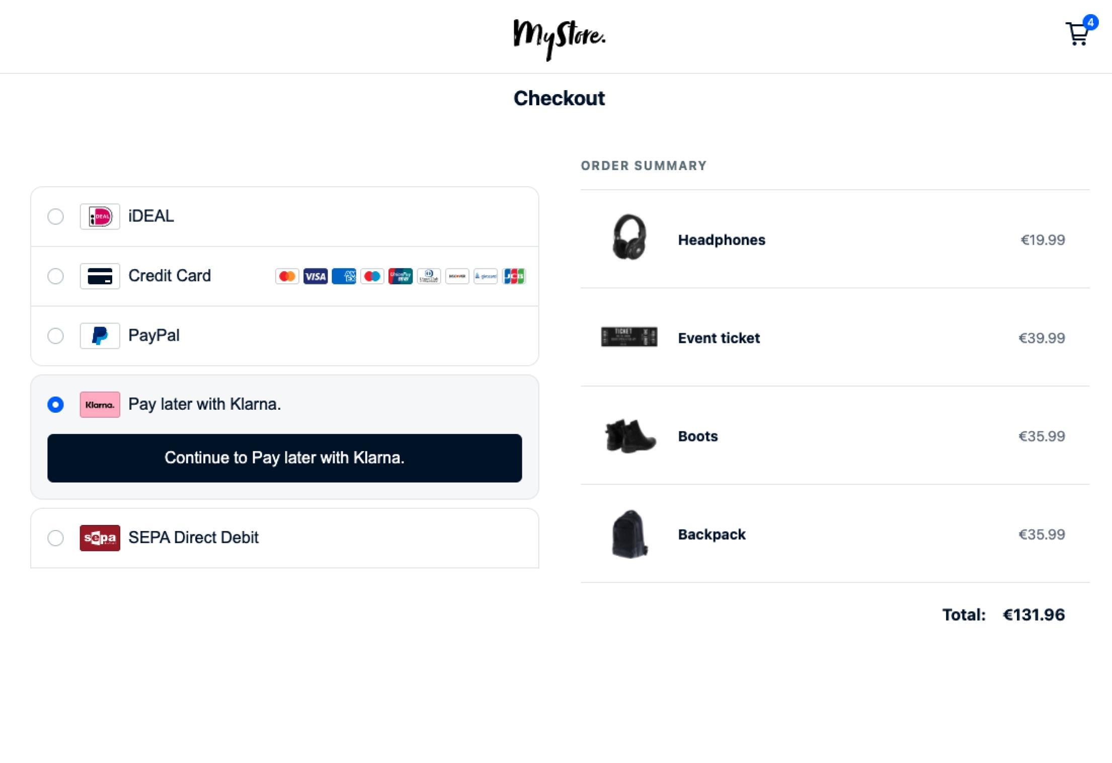 Schermo di selezione del pagamento online con opzioni come iDEAL, carta di credito, PayPal e paga dopo con Klarna