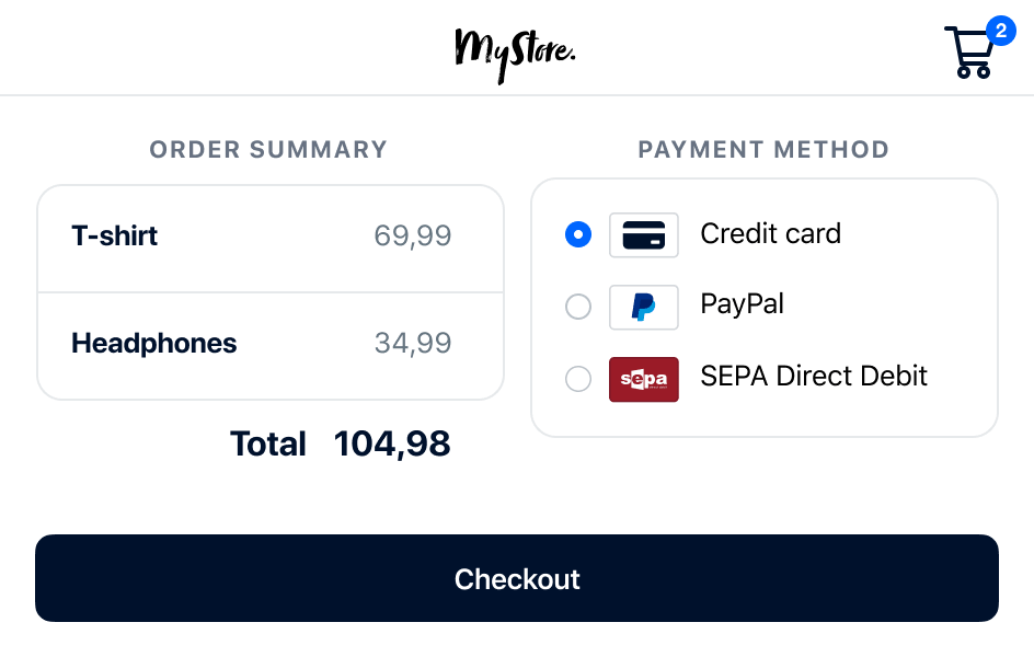 Kassagränssnitt med ordersammanfattning och betalningsmetoder inklusive kreditkort, PayPal och SEPA Direktdebitering