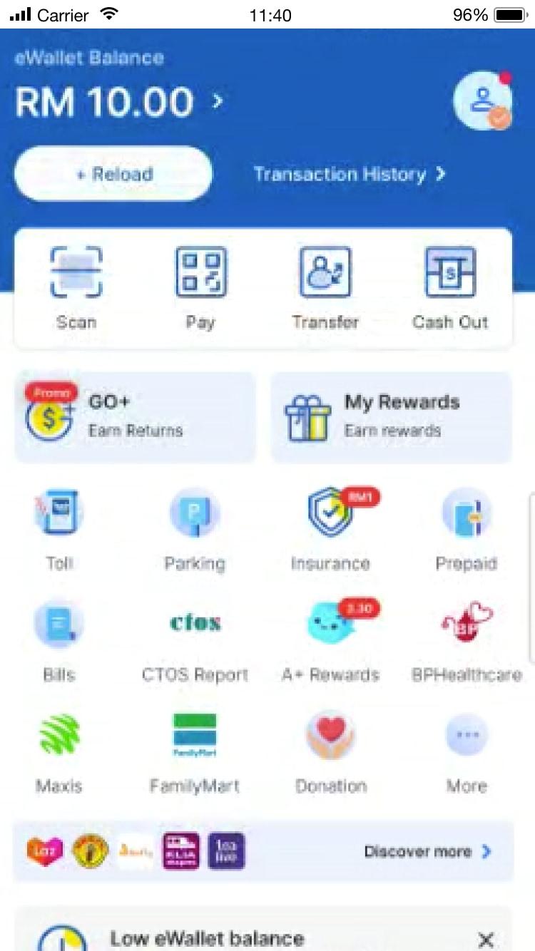 Interfaccia dell'app del portafoglio mobile che mostra il saldo, la cronologia delle transazioni e varie opzioni di pagamento