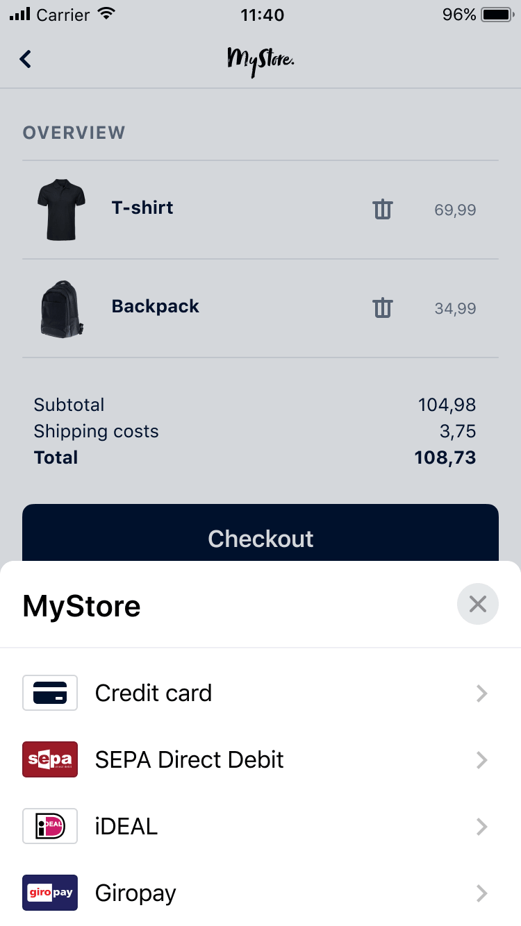 Mobile screen showing a checkout page with a T-shirt, Backpack, and various payment methods including Credit Card and iDEAL.