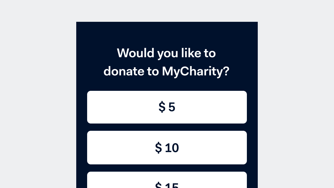Charity donation interface with options for $5, $10, and $15 donations