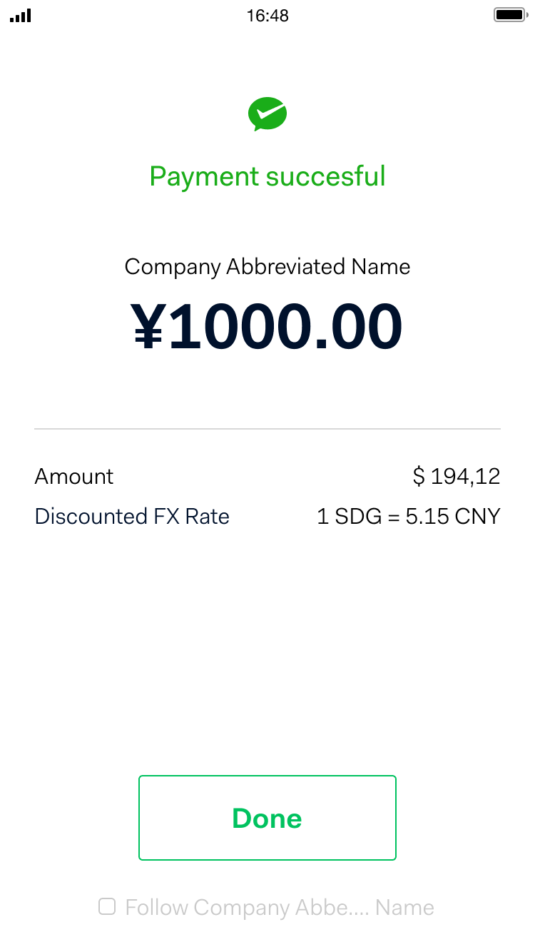 Schermo mobile che mostra un pagamento riuscito di 1000 CNY con tasso di cambio scontato e pulsante fatto